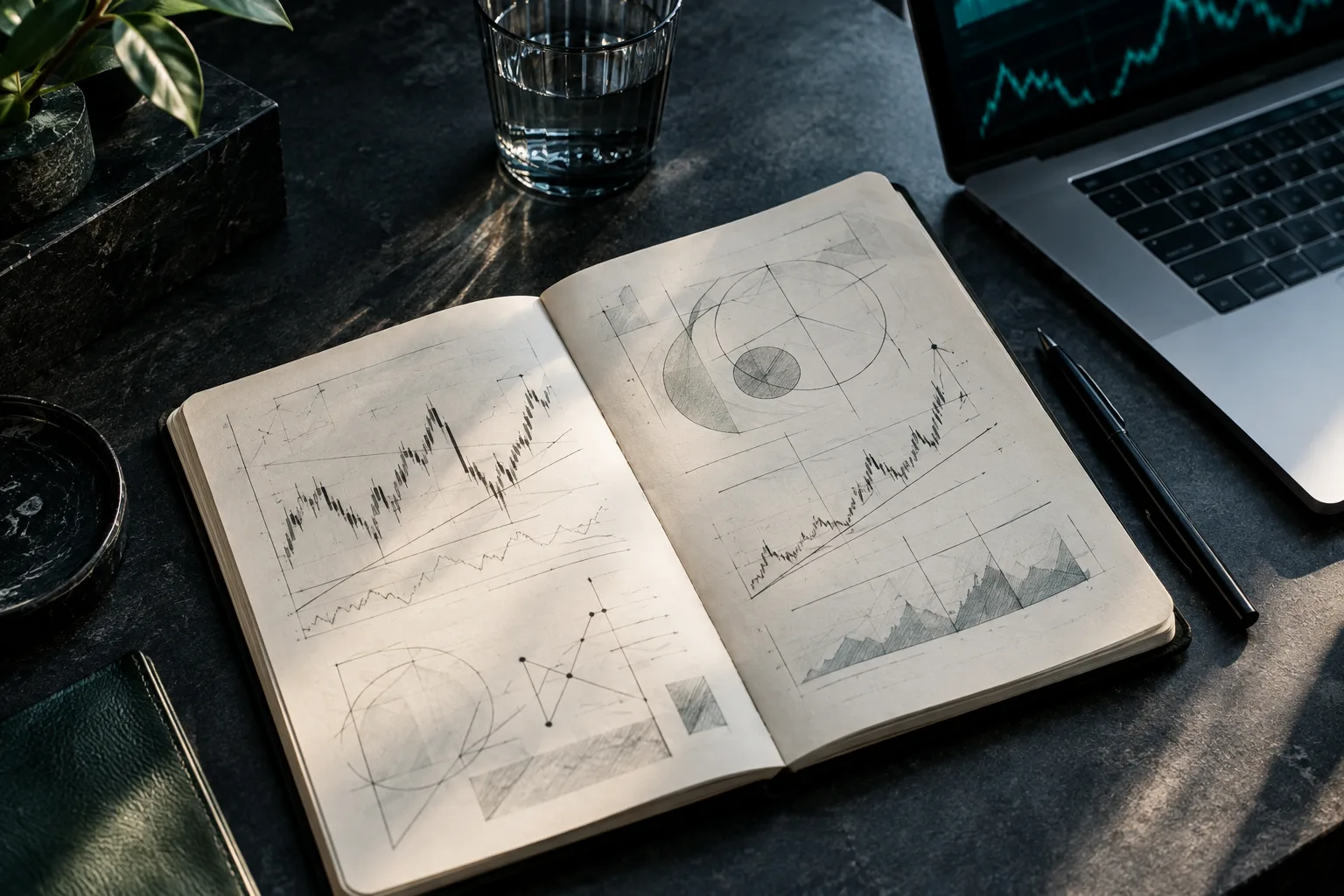 Illustration of a notebook with chart studies beside a laptop
