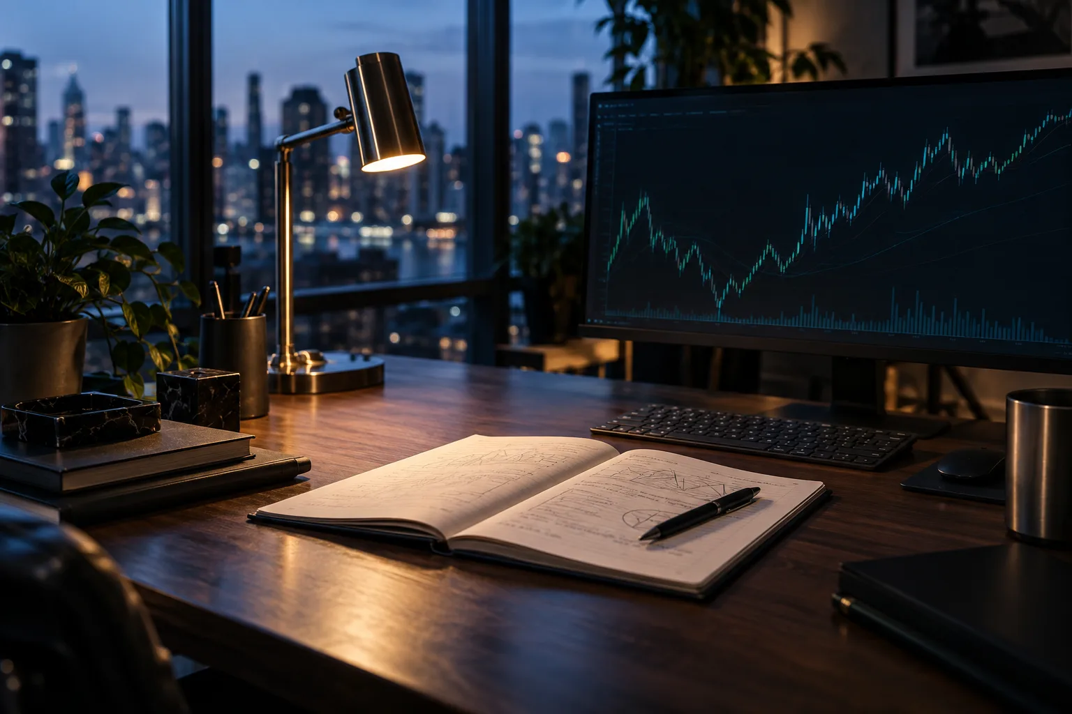 Illustration of a quiet trading workspace overlooking a city at dusk